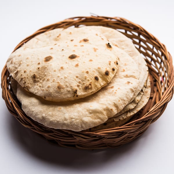 Stack of fresh, warm Indian chapati flatbreads with brown spots, served in a woven basket.